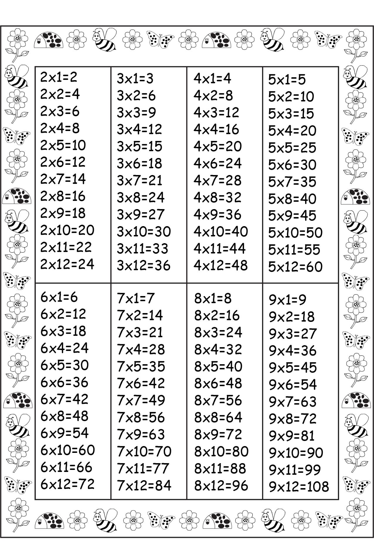 time table chart for kids