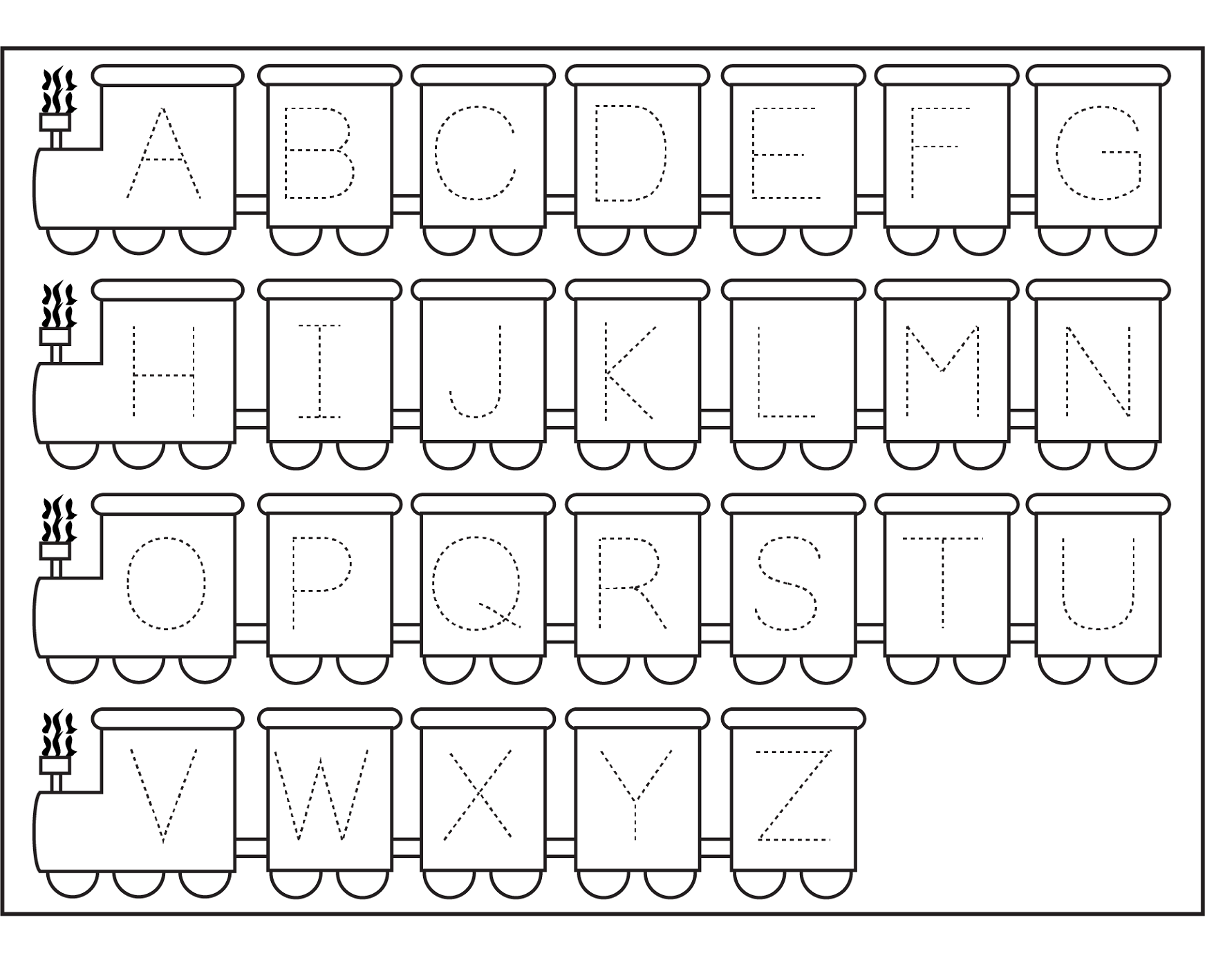 traceable letters worksheets train