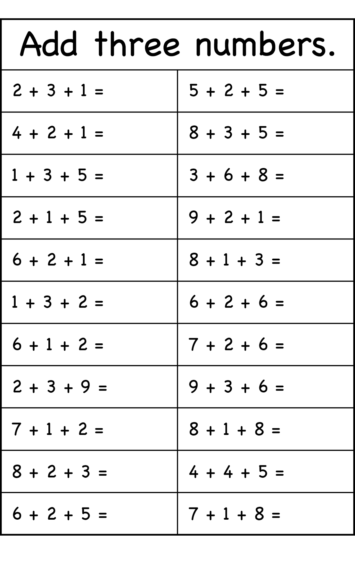 free number worksheets addition