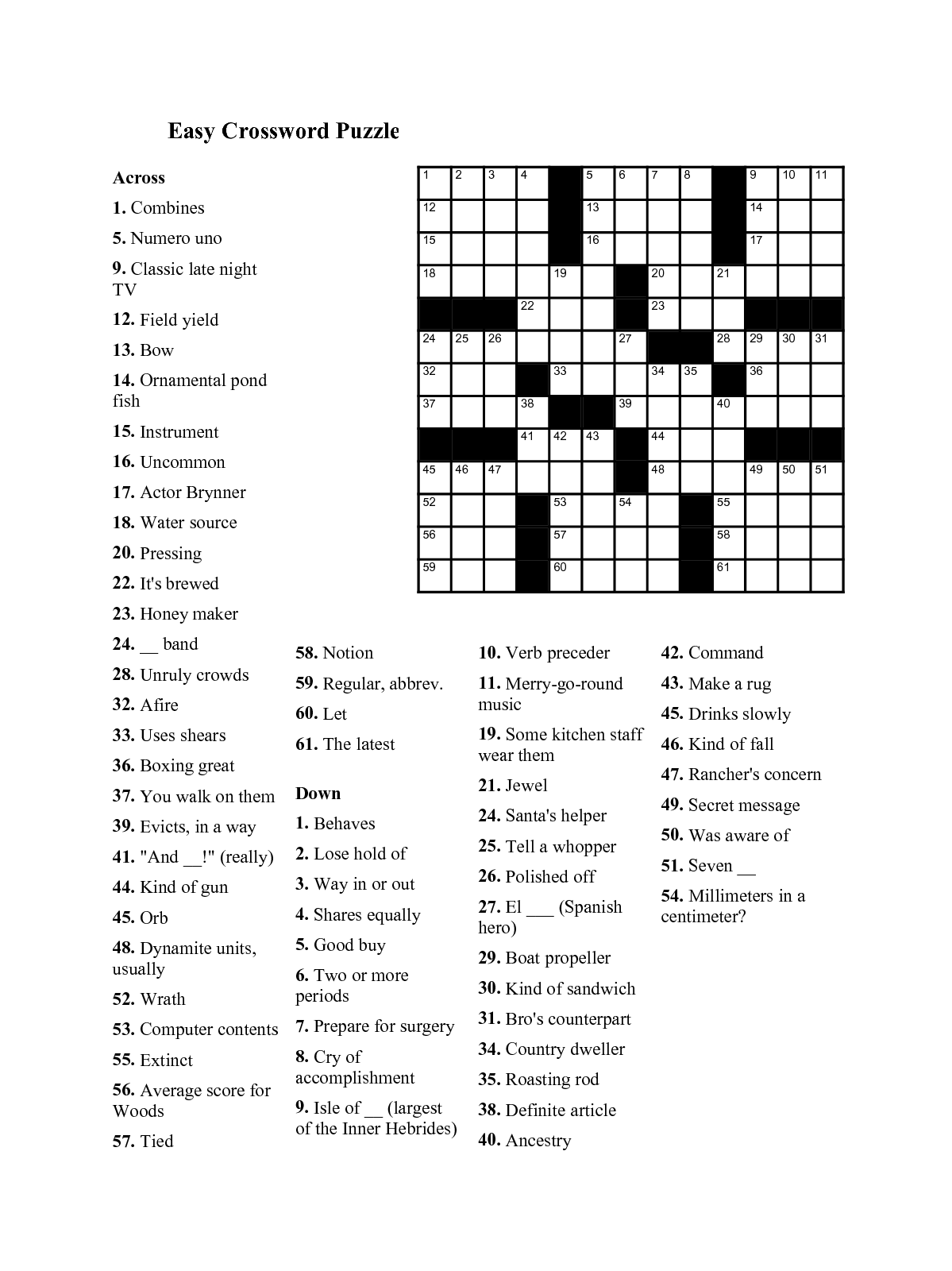 easy printable crossword puzzles for seniors that are