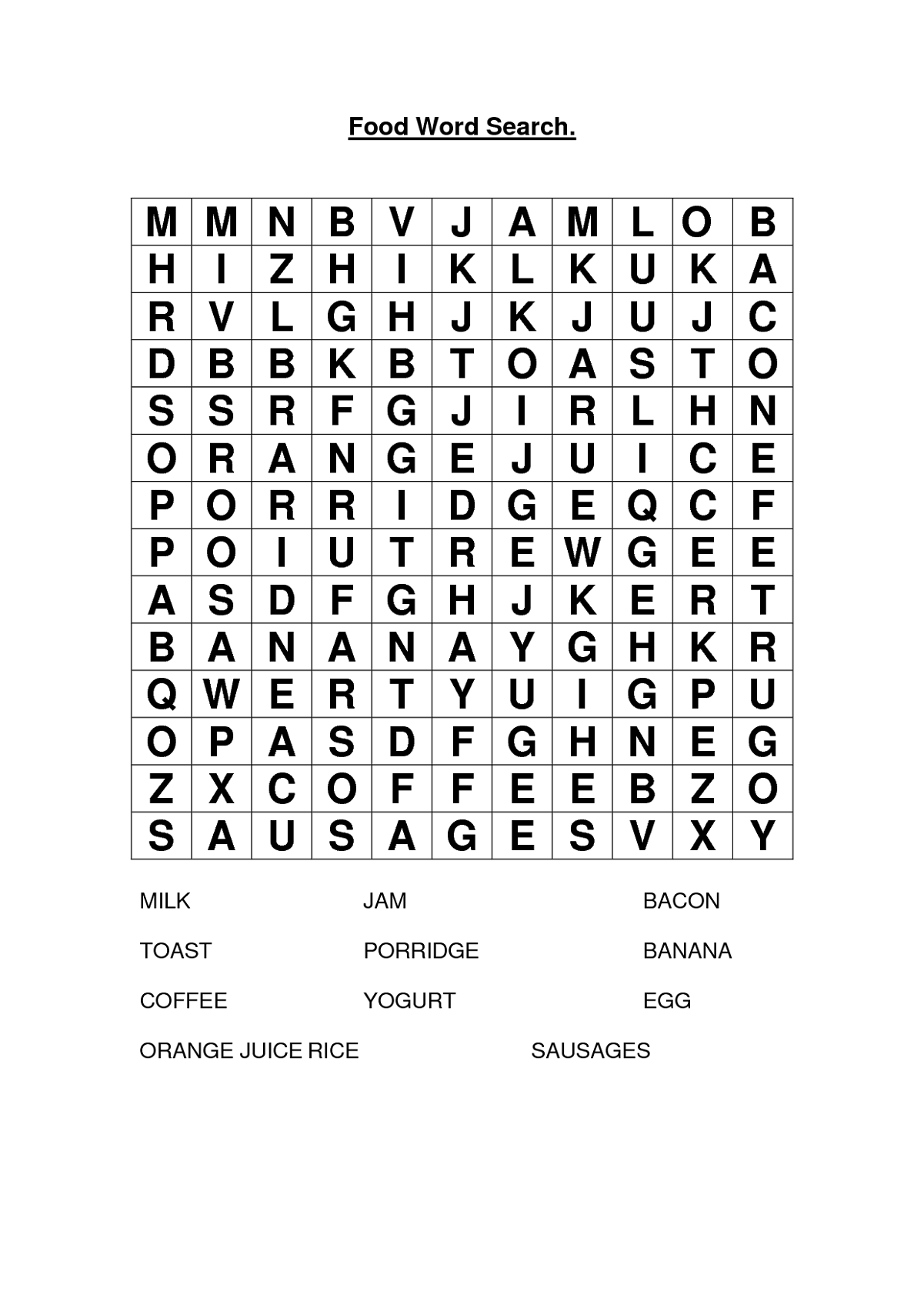 Food Word Search For Kids