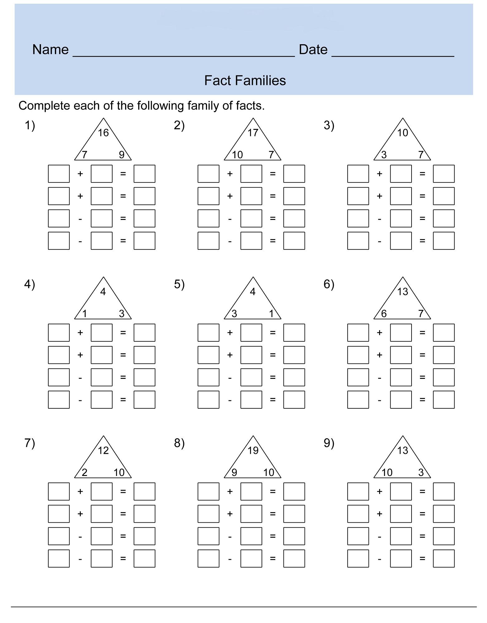 fact family worksheet 4th grade