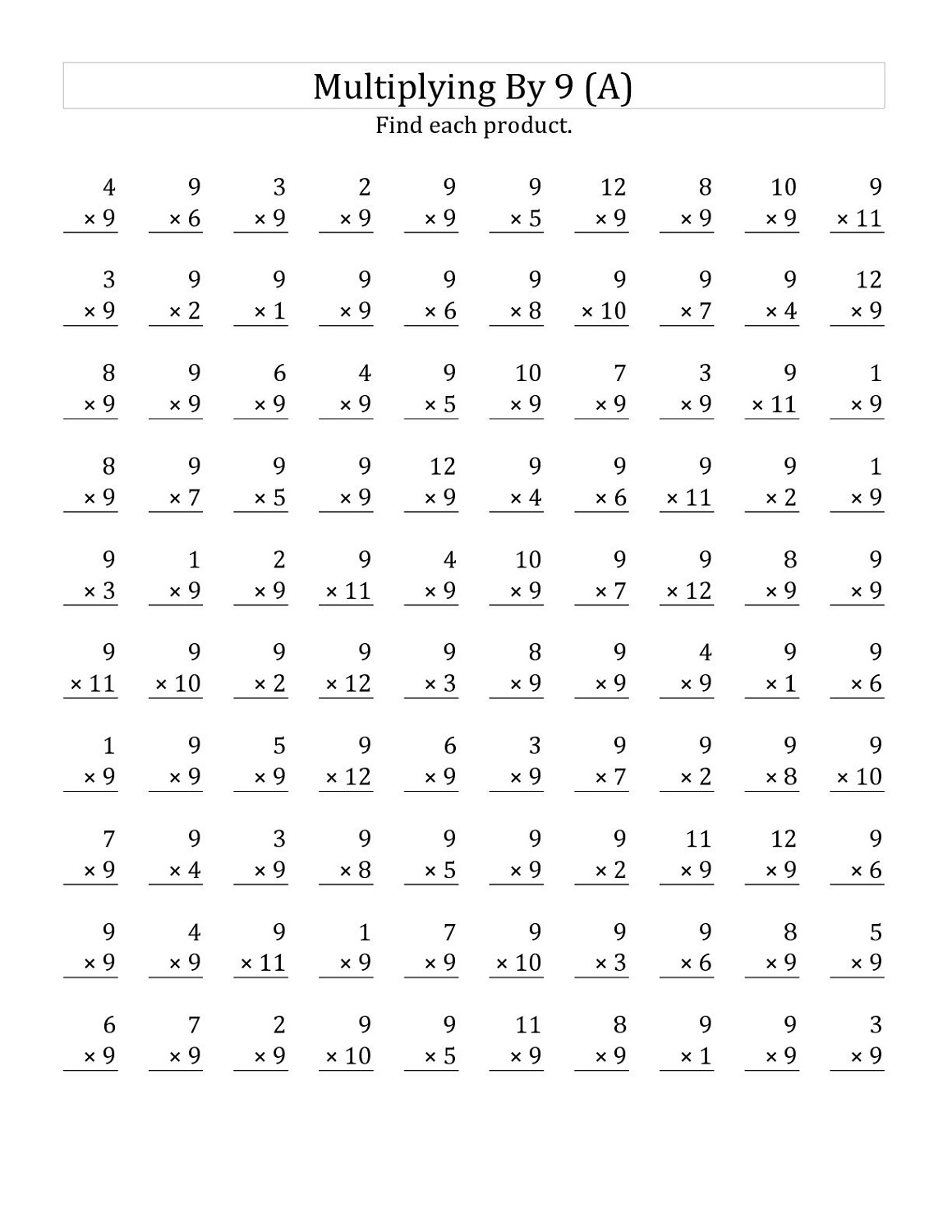 Multiplication X 9 Worksheet