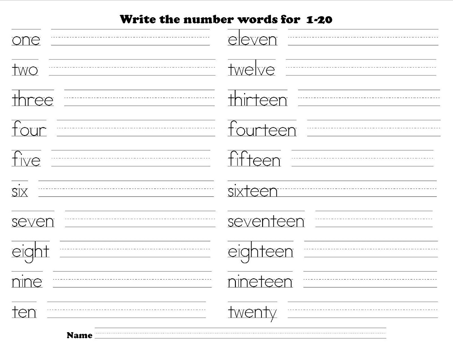 Tracing Number Names Worksheet