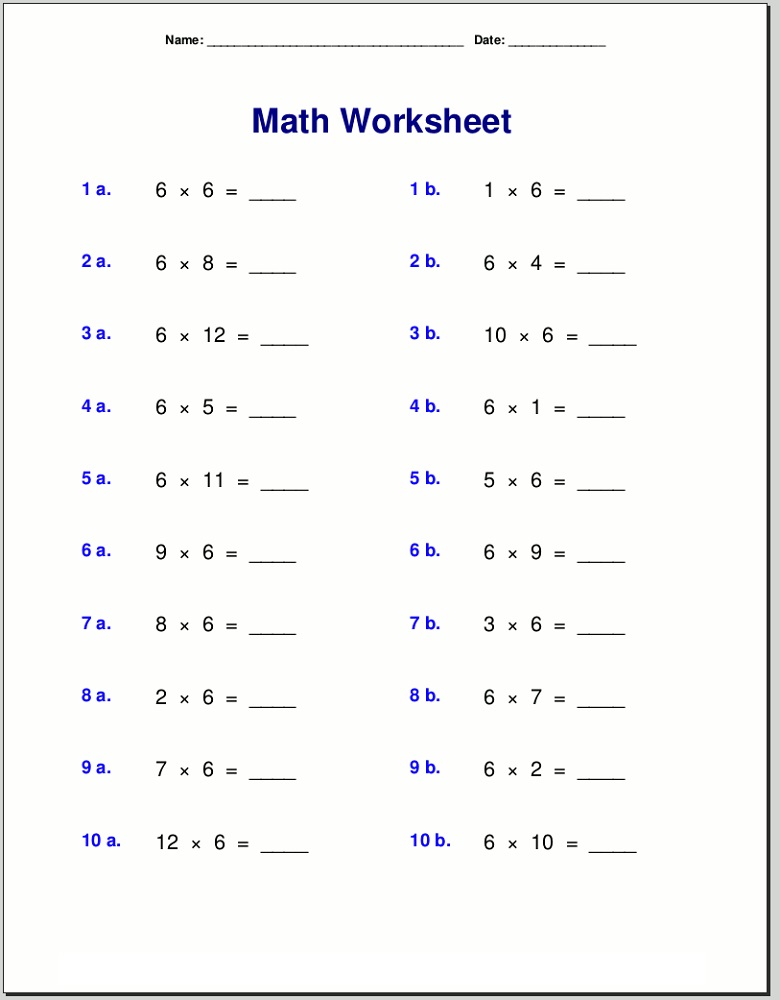 6 times table worksheets for kids