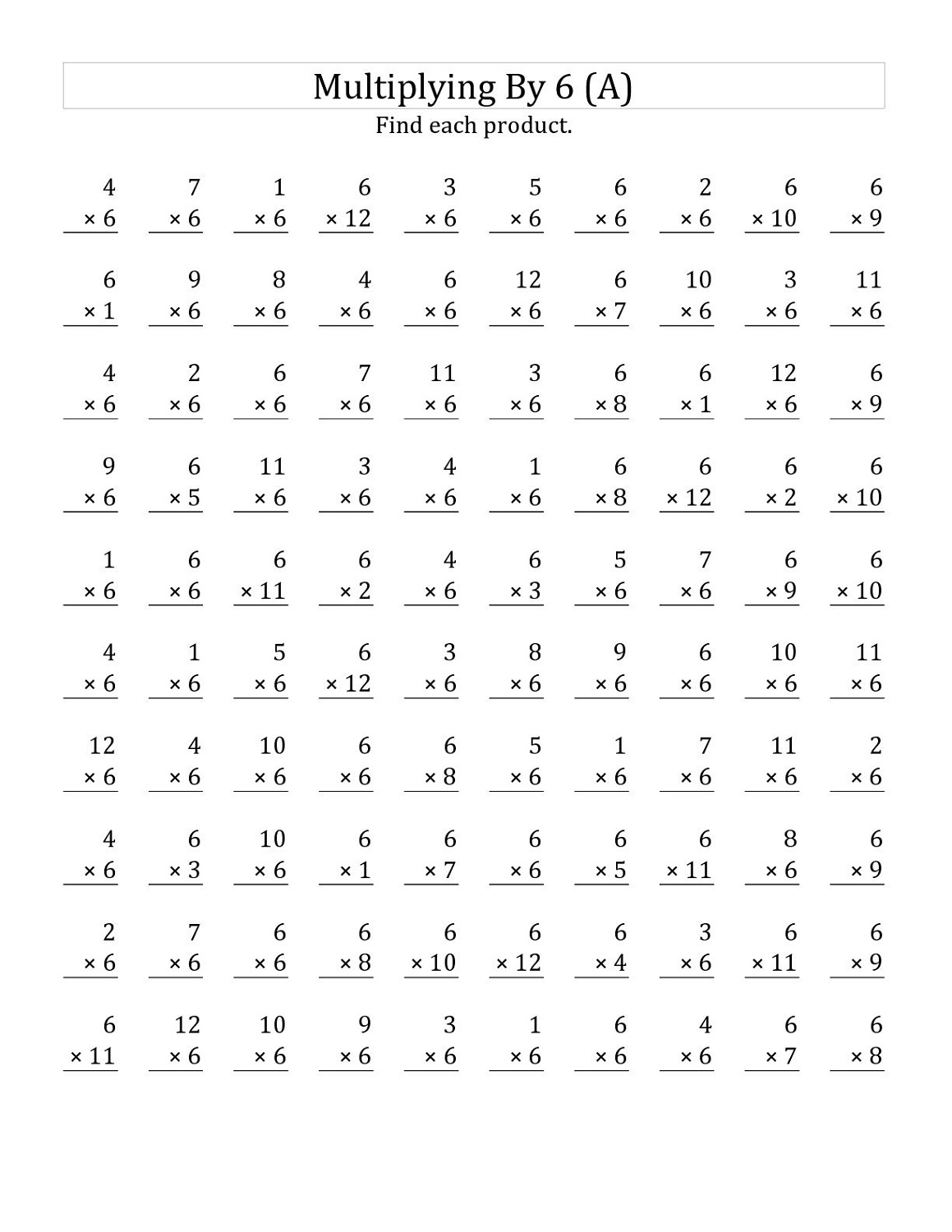 6 times table worksheets multiplication