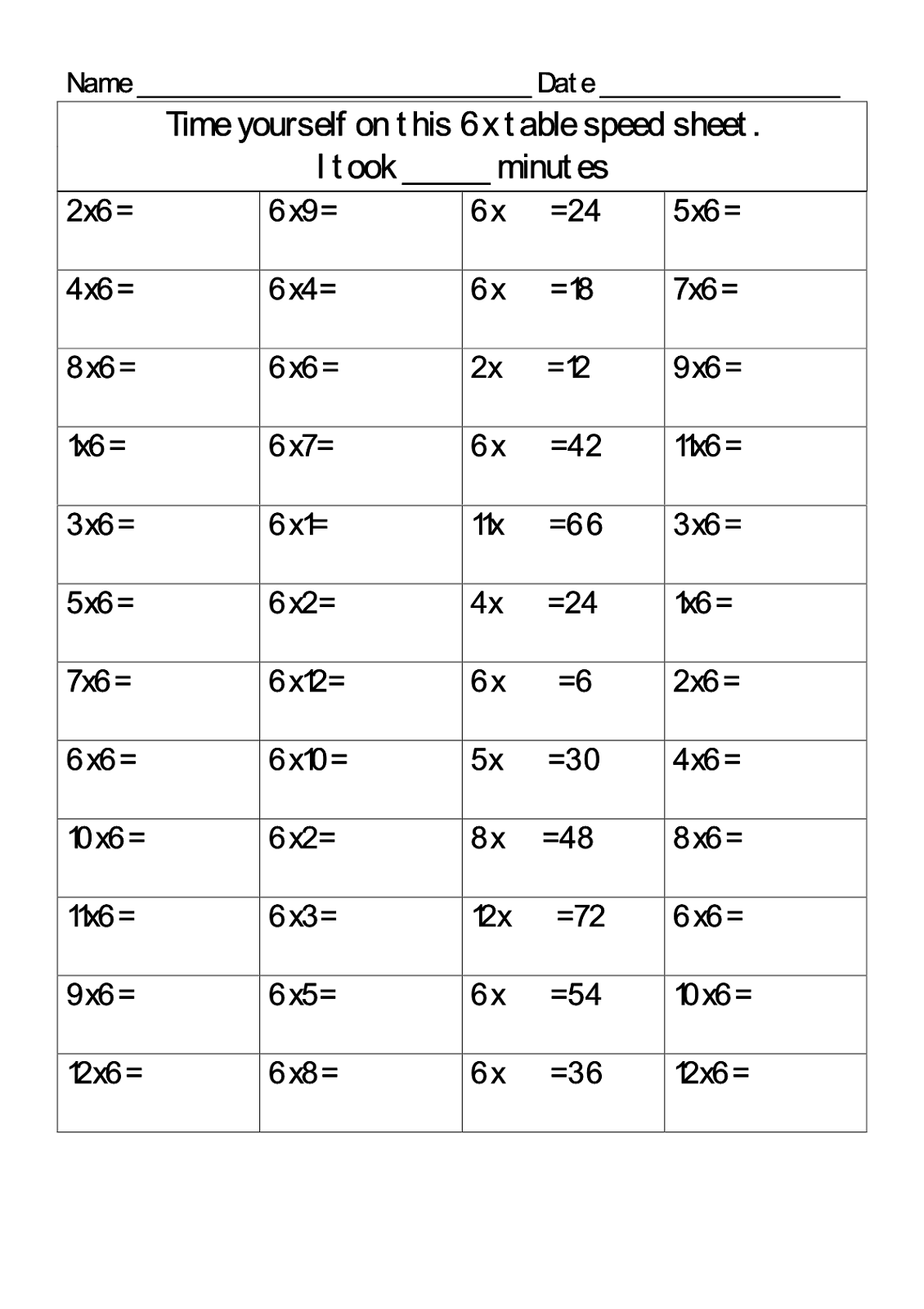 6 Times Table Worksheets Activity Shelter