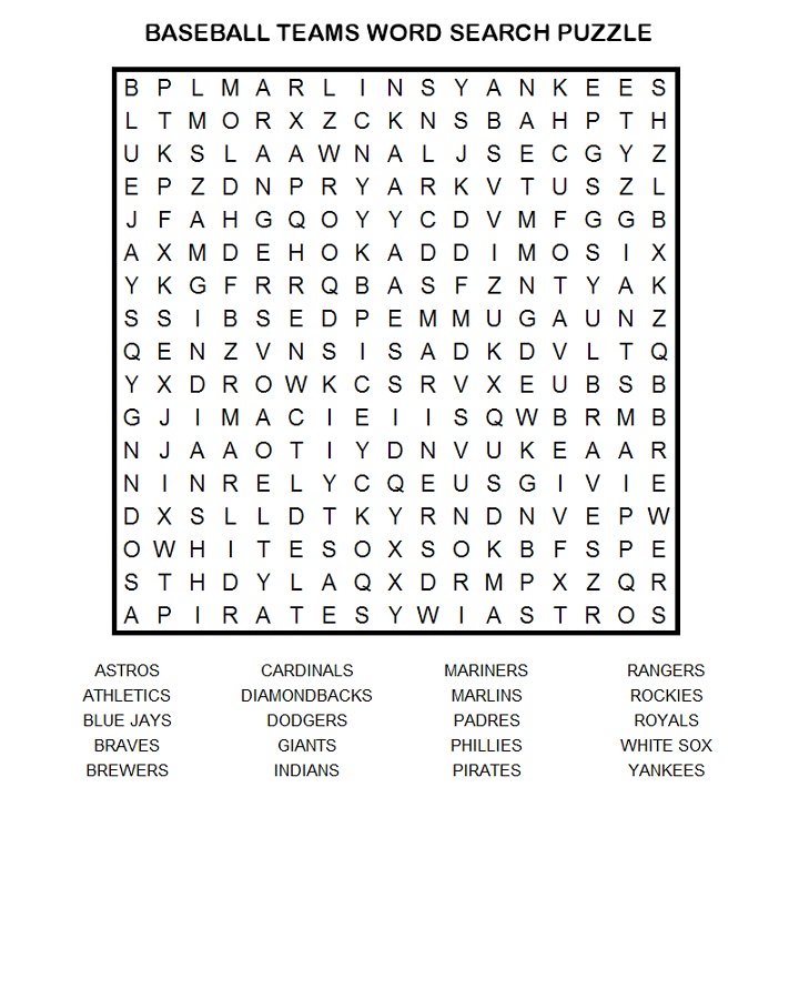 baseball word searches teams