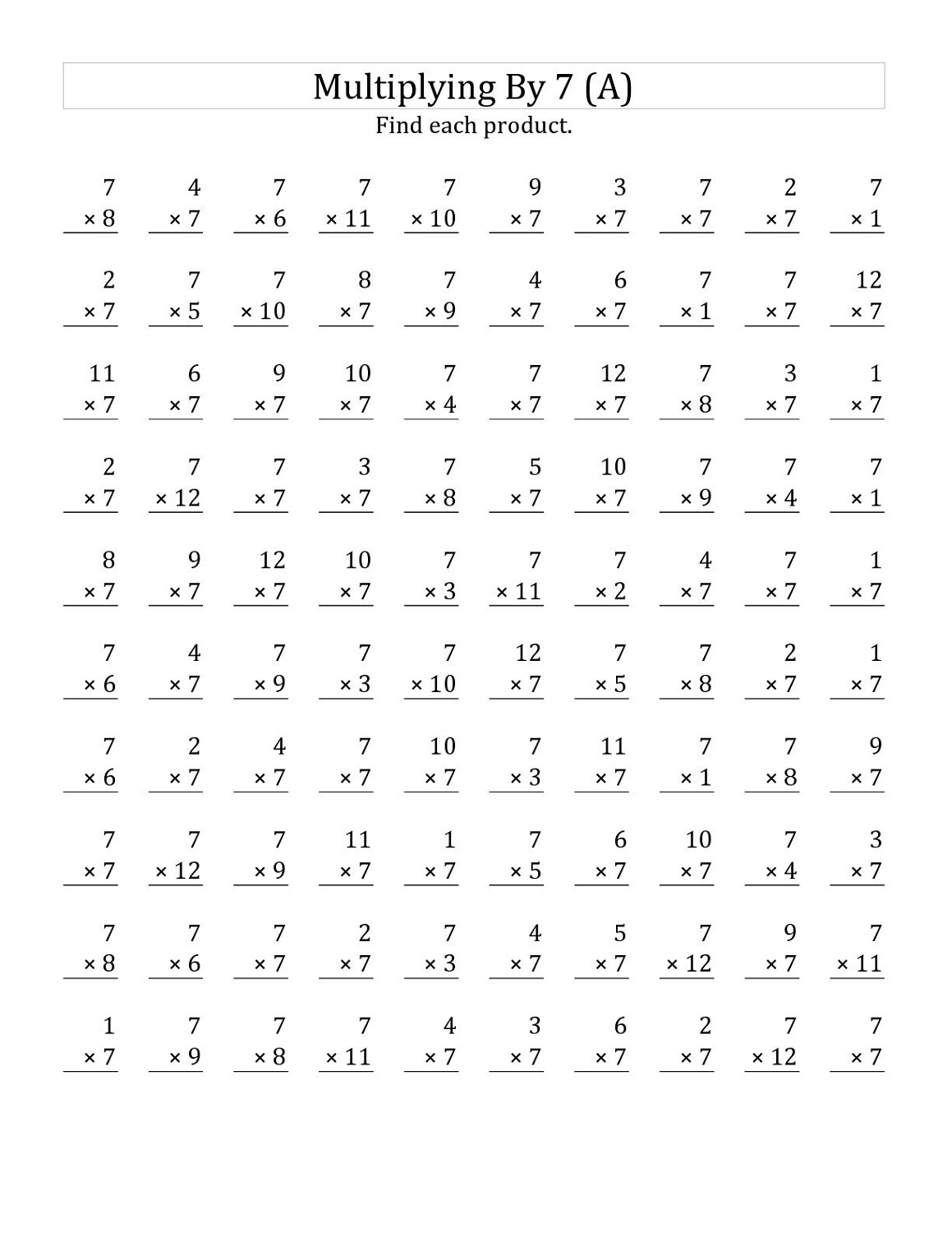 7 times tables worksheet for kids