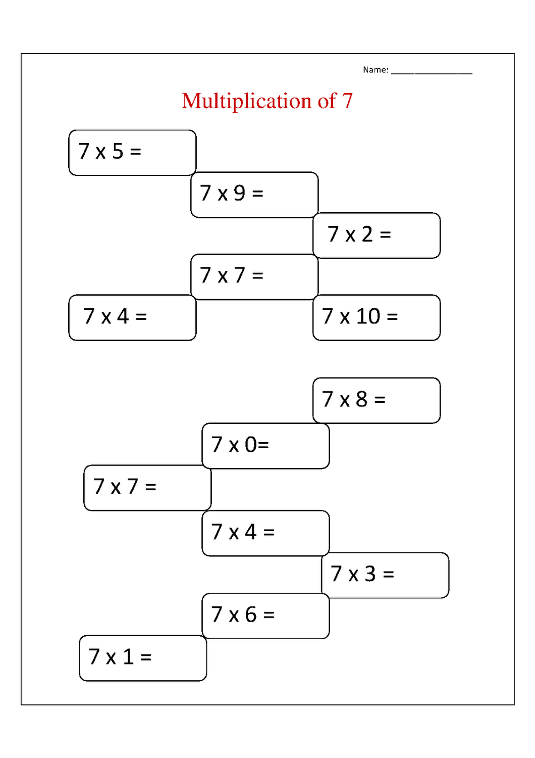 7 times tables worksheet to print