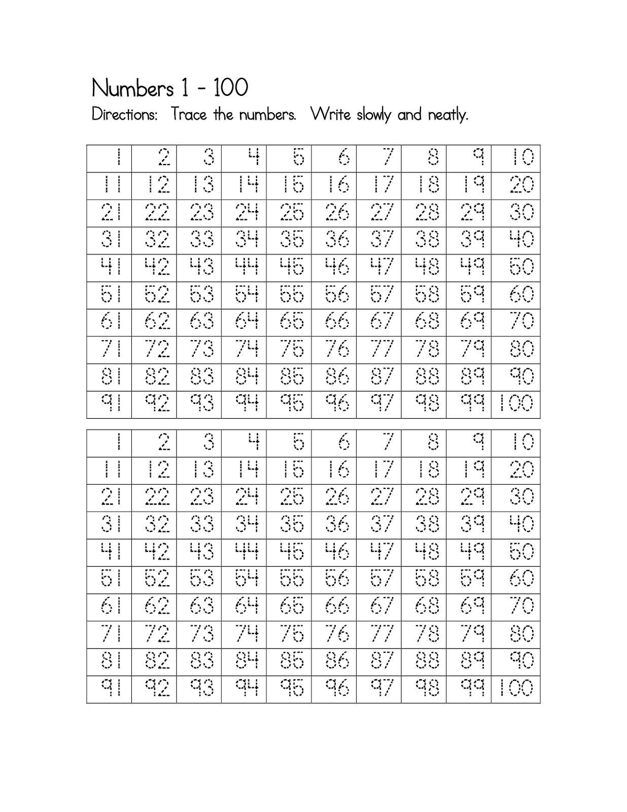 number worksheets 1-100 free