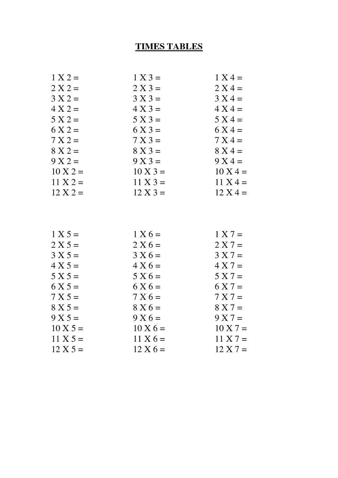 times table practice sheets printable