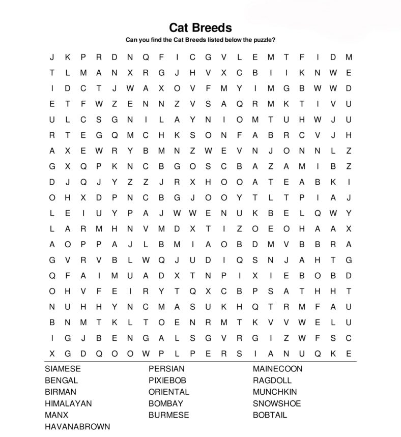 Cat Word Search to Print Activity Shelter