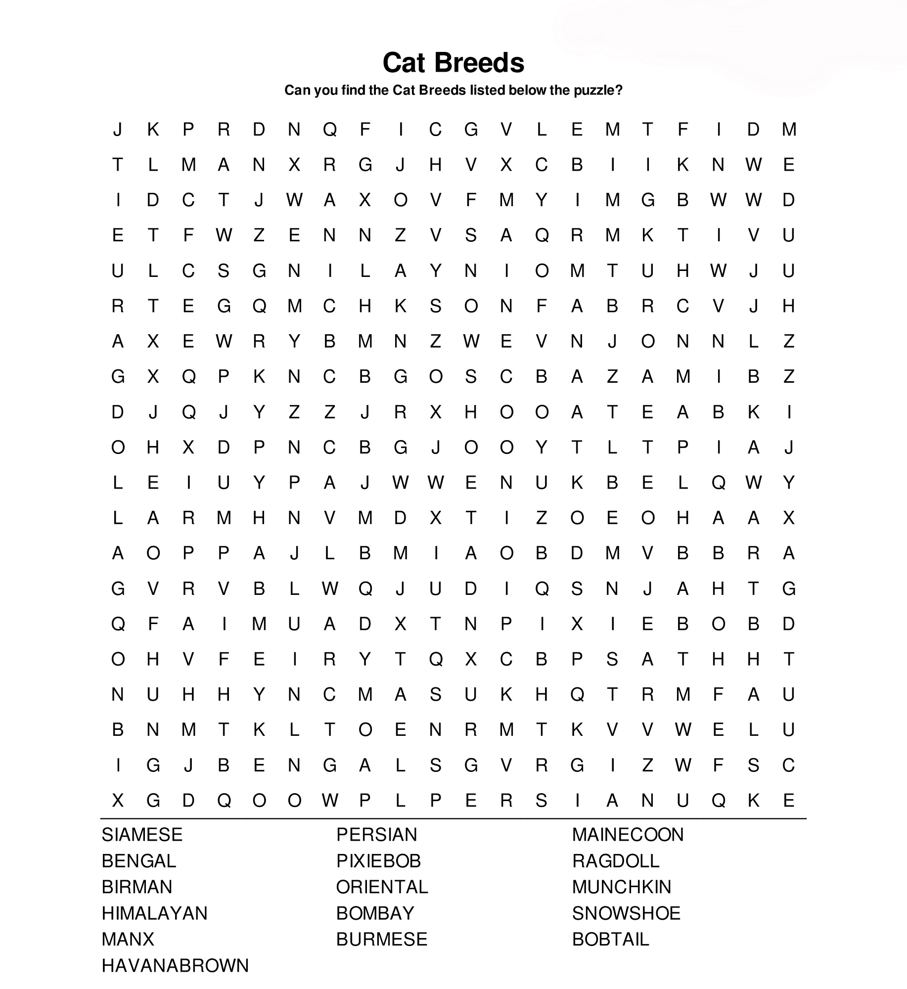 cat word search printable