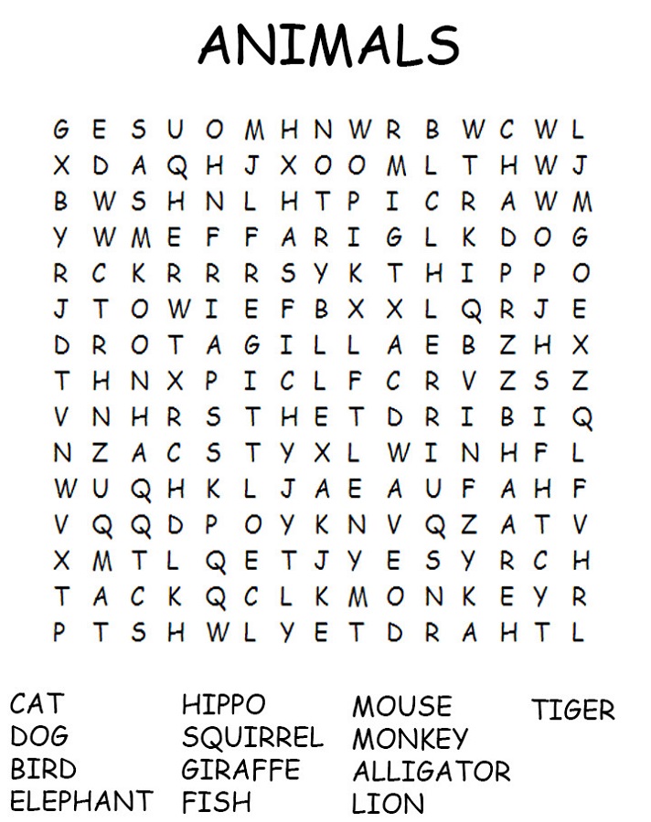 word search for children animals