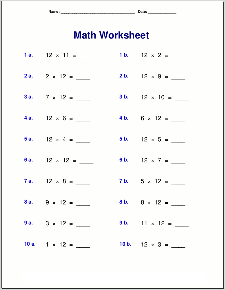 12 times table worksheets for kids