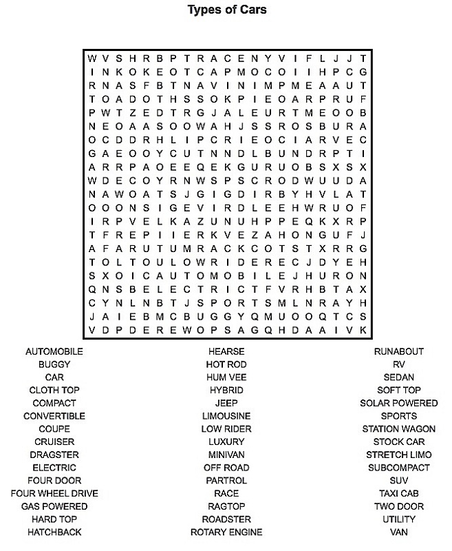car word search types