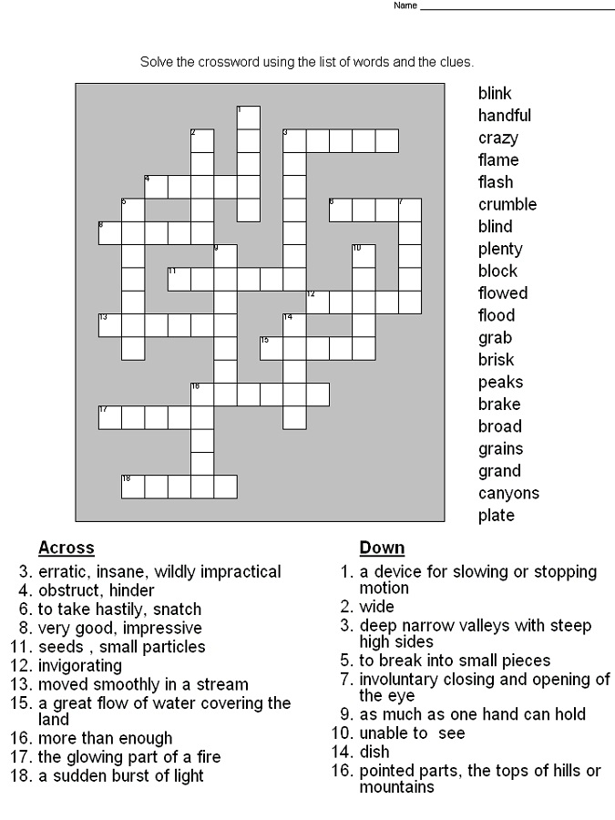 Crossword Puzzles for 5th Graders Activity Shelter