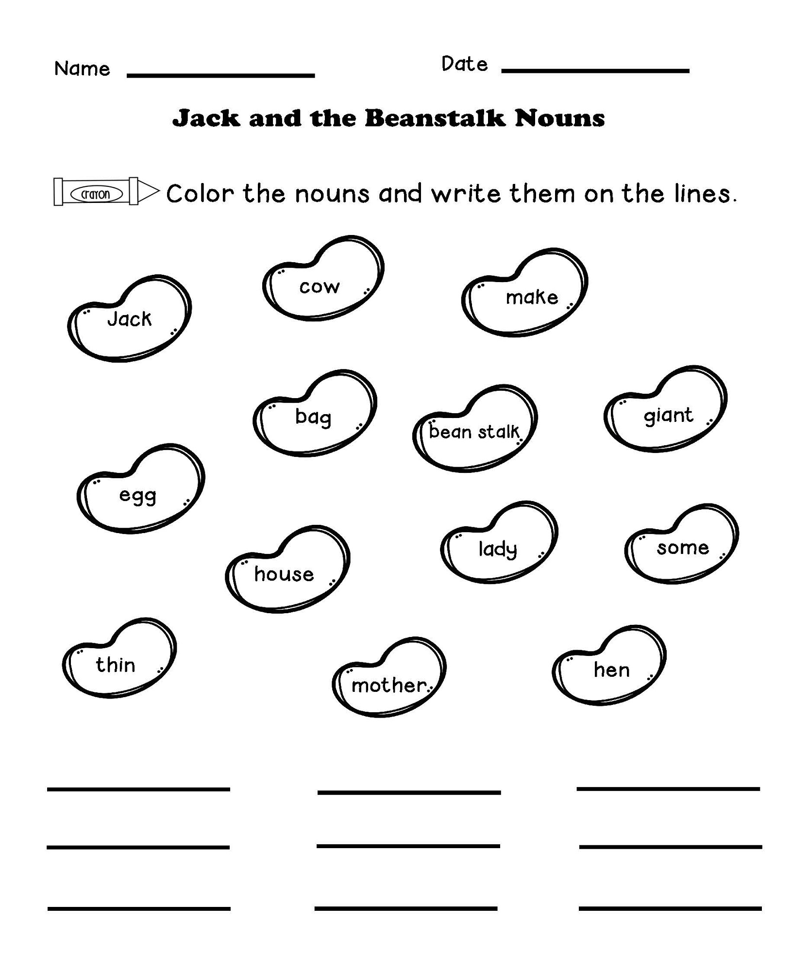 jack and the beanstalk worksheets nouns