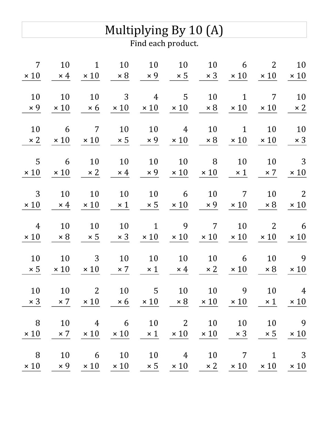 Multiplication 10 Worksheet