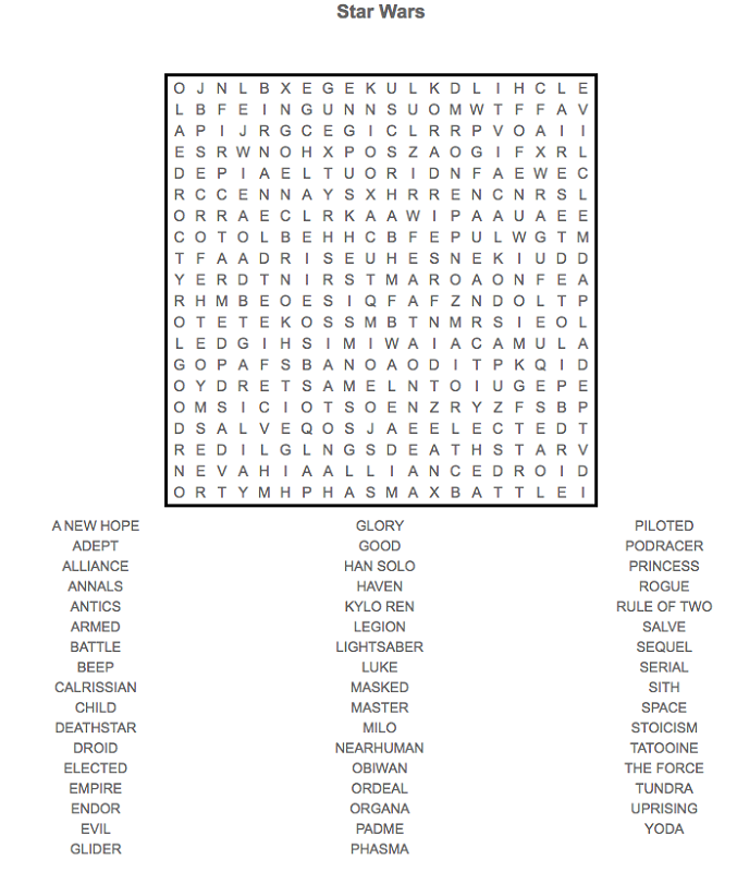 Star Wars Word Search Puzzle 2017 | Activity Shelter