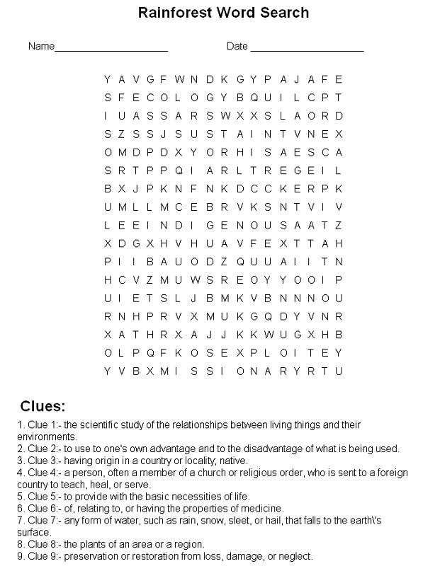 word puzzle worksheets rainforest