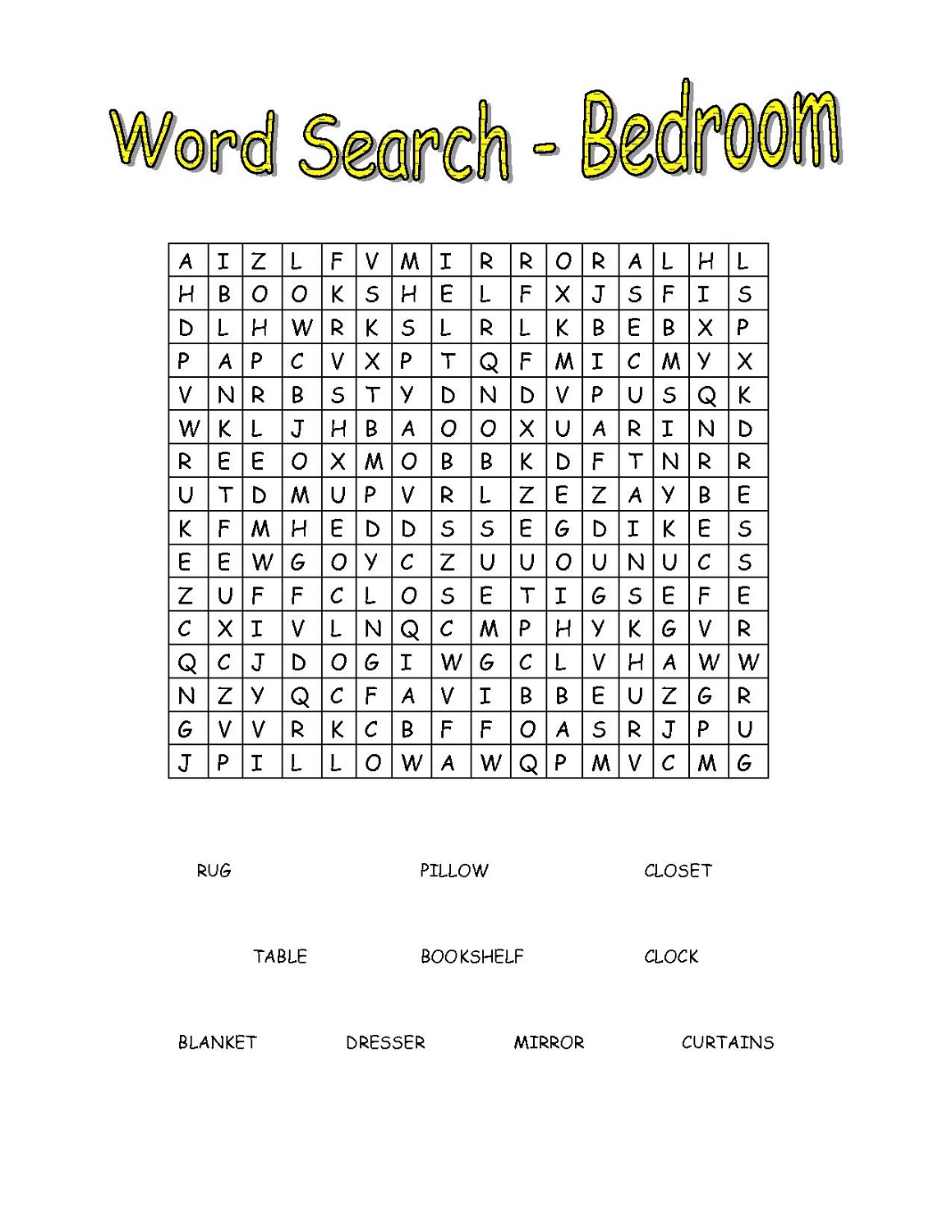 easy word search bedroom