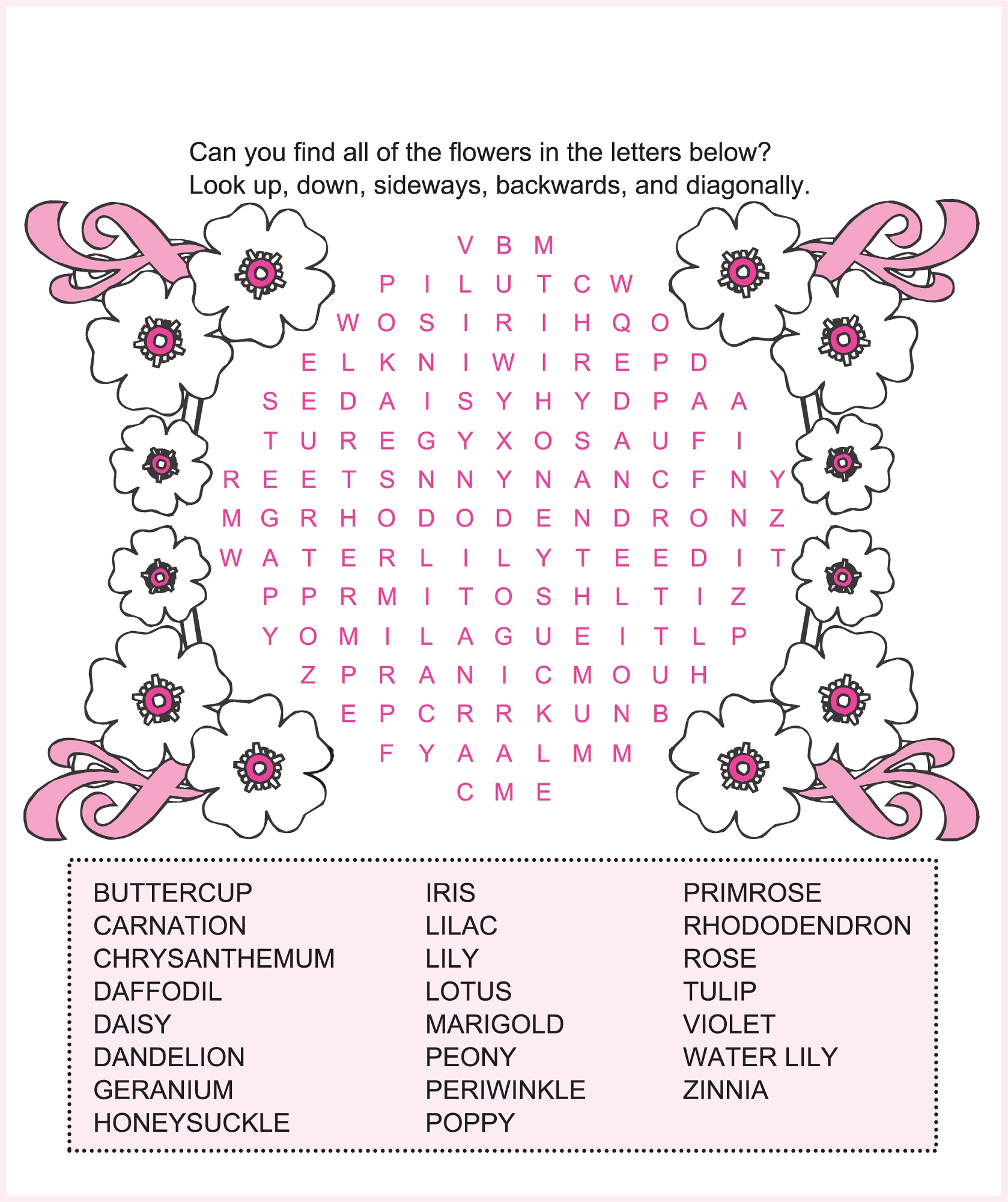 free kids word search flower