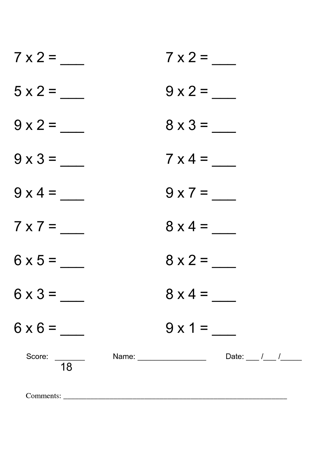free times tables worksheets printable