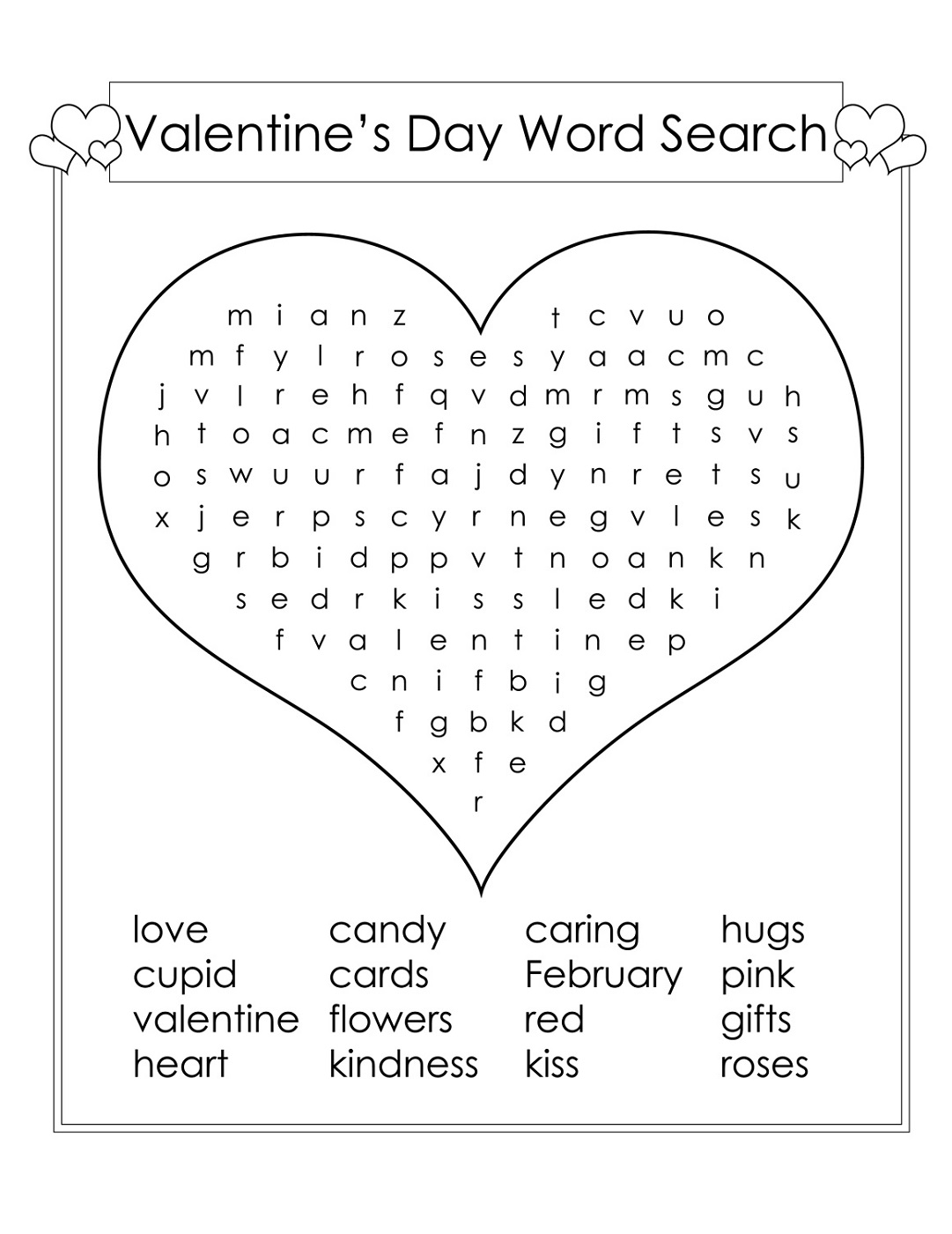kid word search puzzles valentine