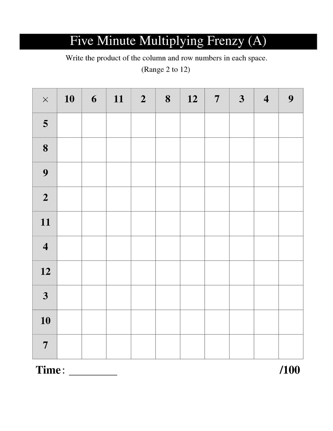 times table drills printable