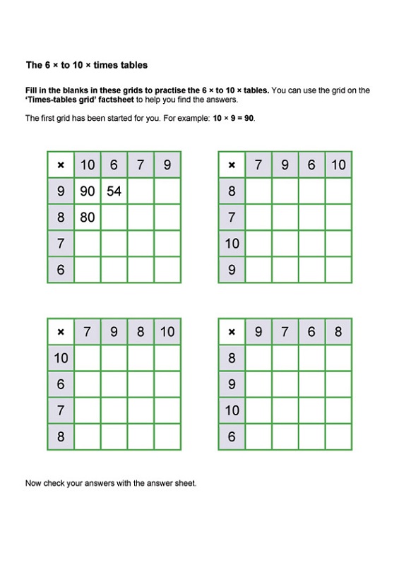 times tables drills printable