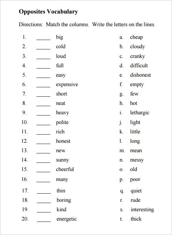 word game worksheets antonym
