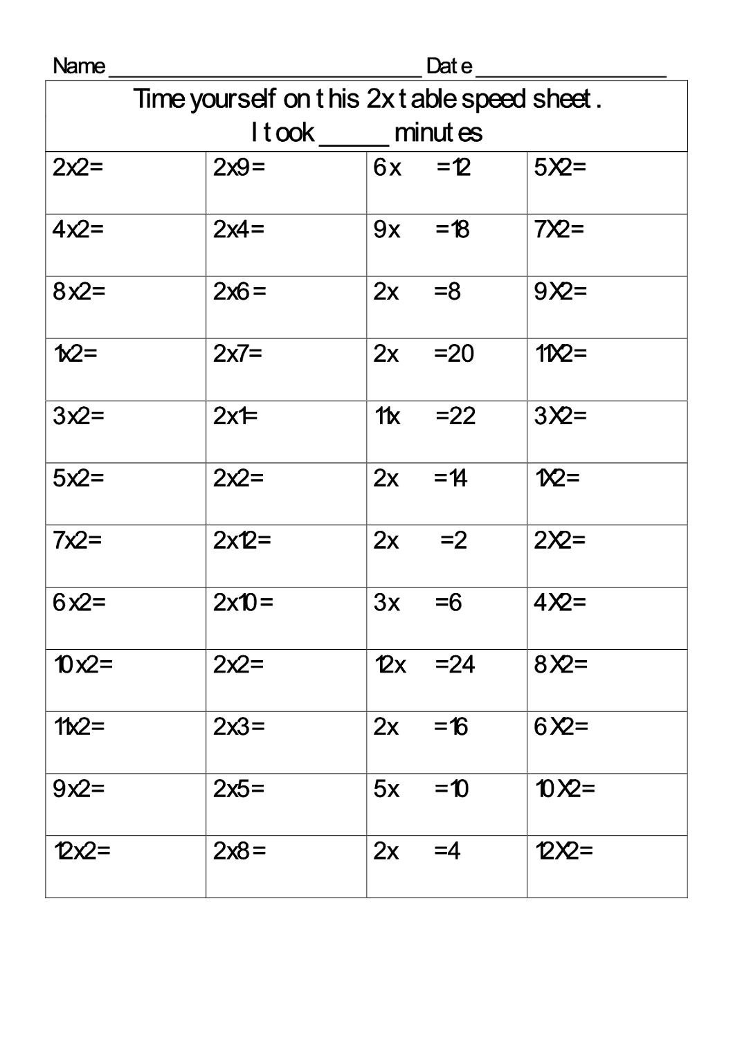 2 Times Table Worksheet Free