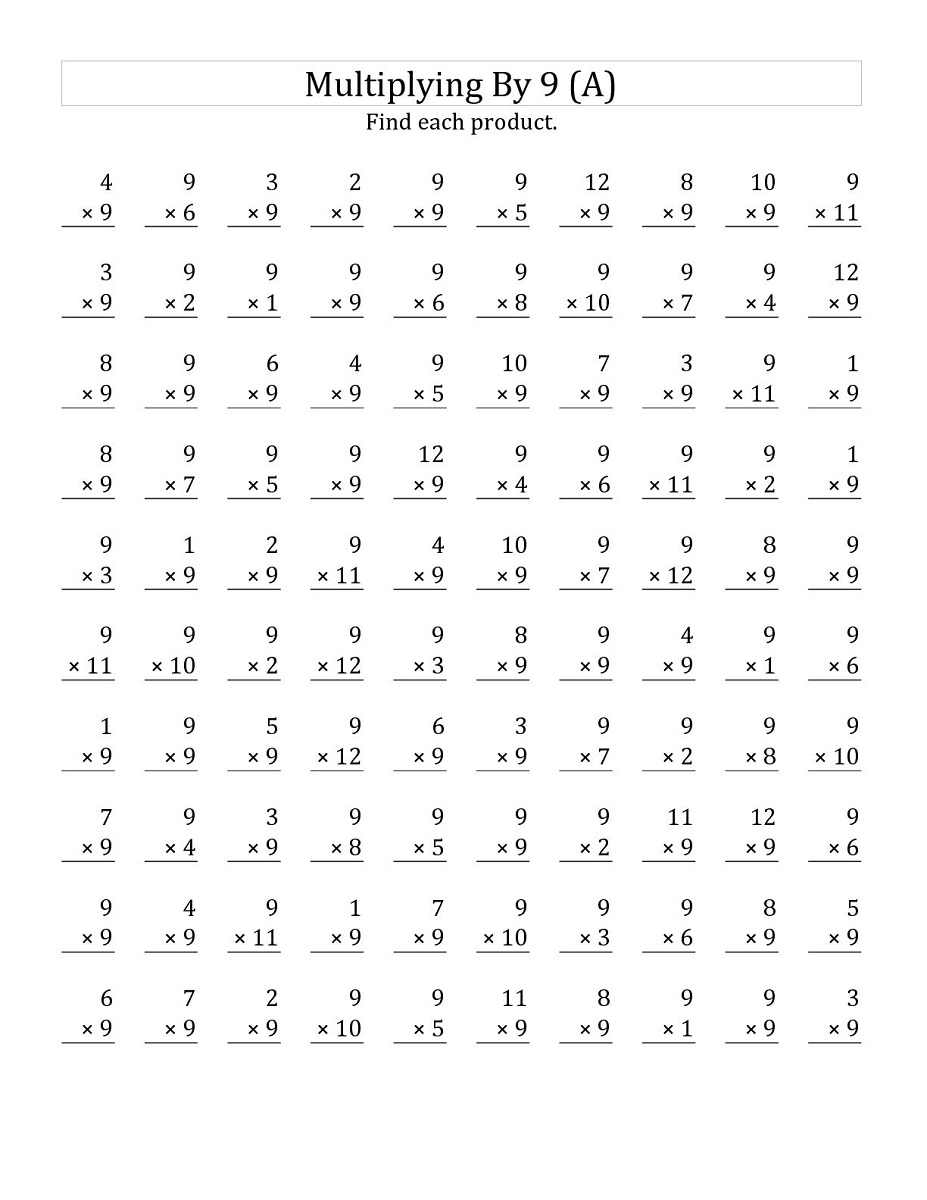 9 times table worksheet children