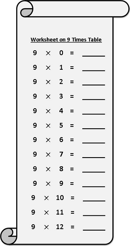 9 times table worksheet free