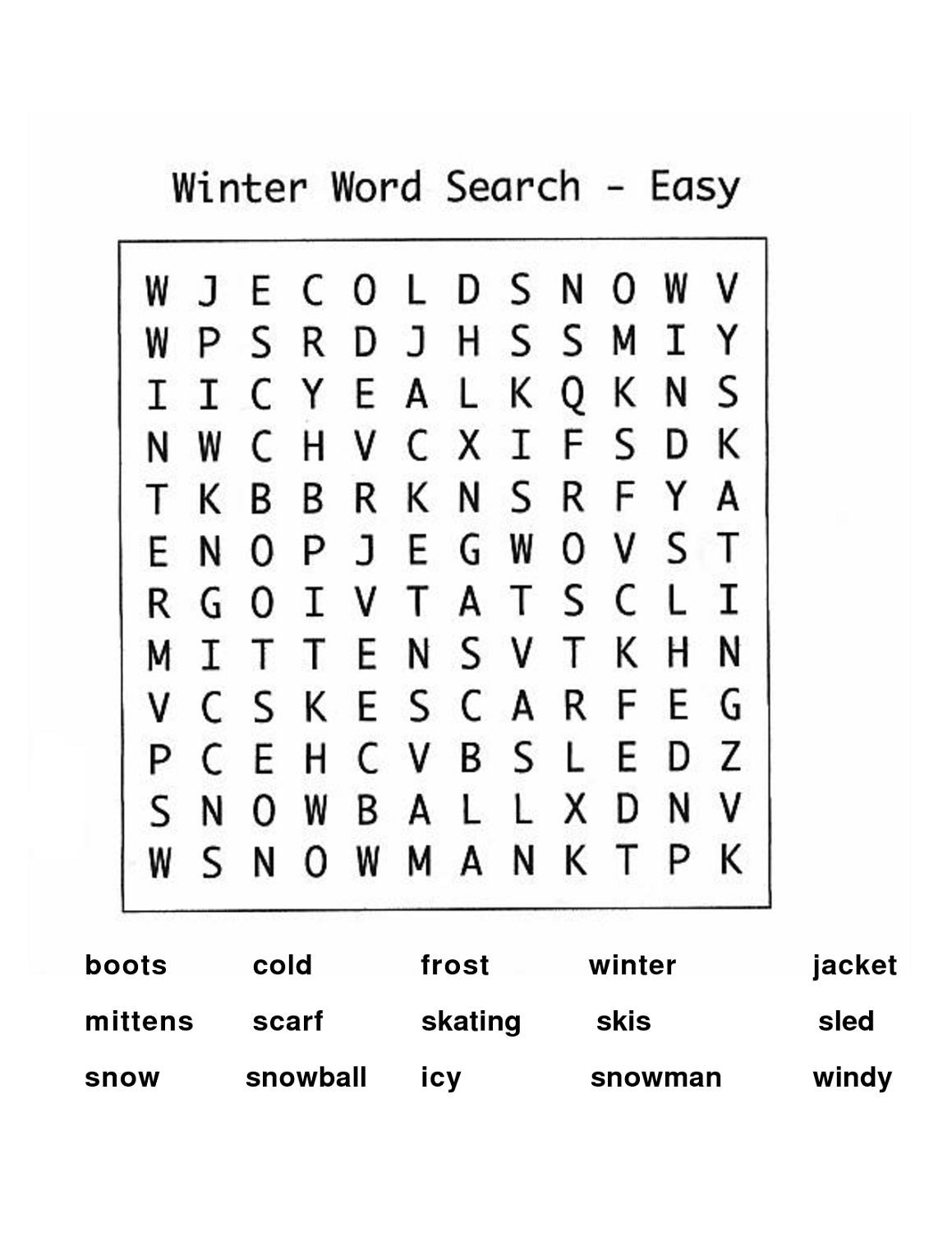 easy word search puzzles winter