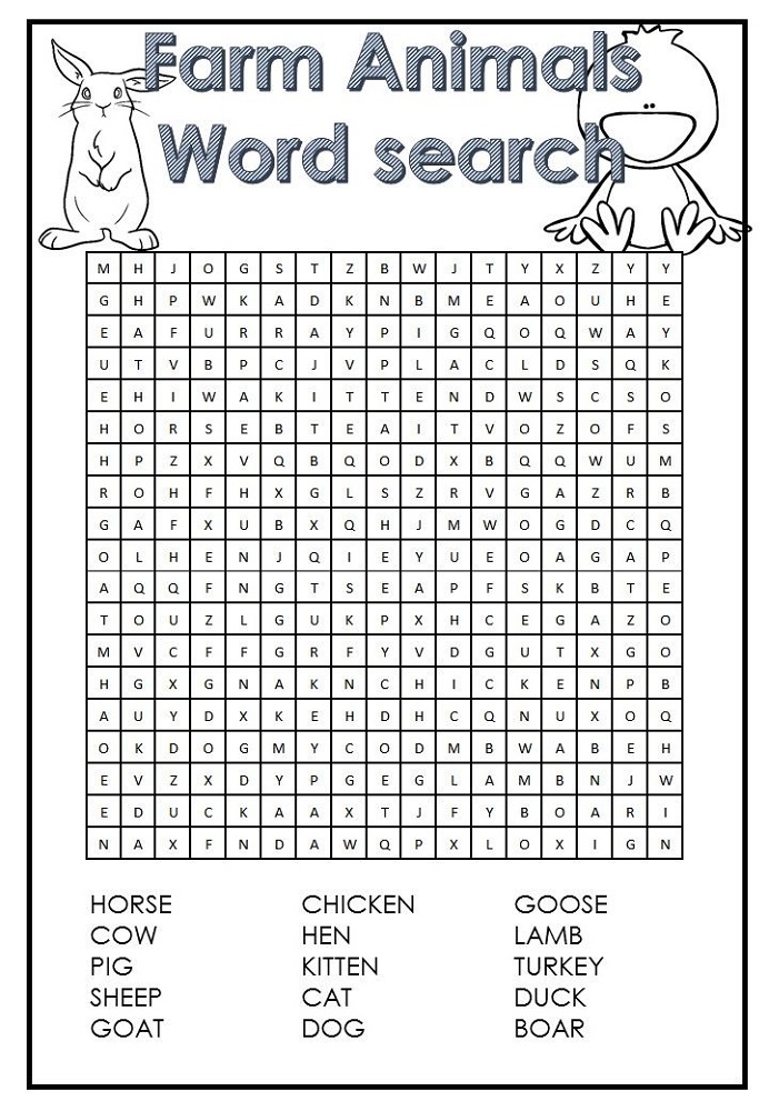 farm animal word search easy