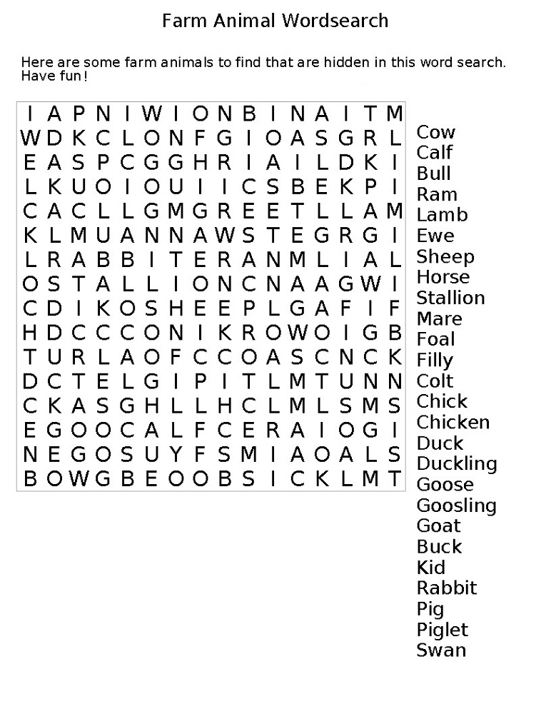 Farm Animal Word Search | Activity Shelter