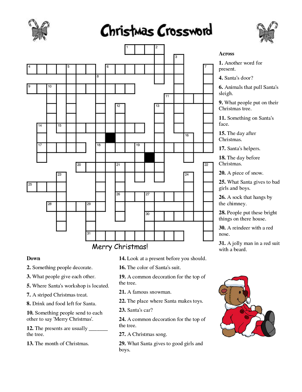 kids crossword puzzles christmas