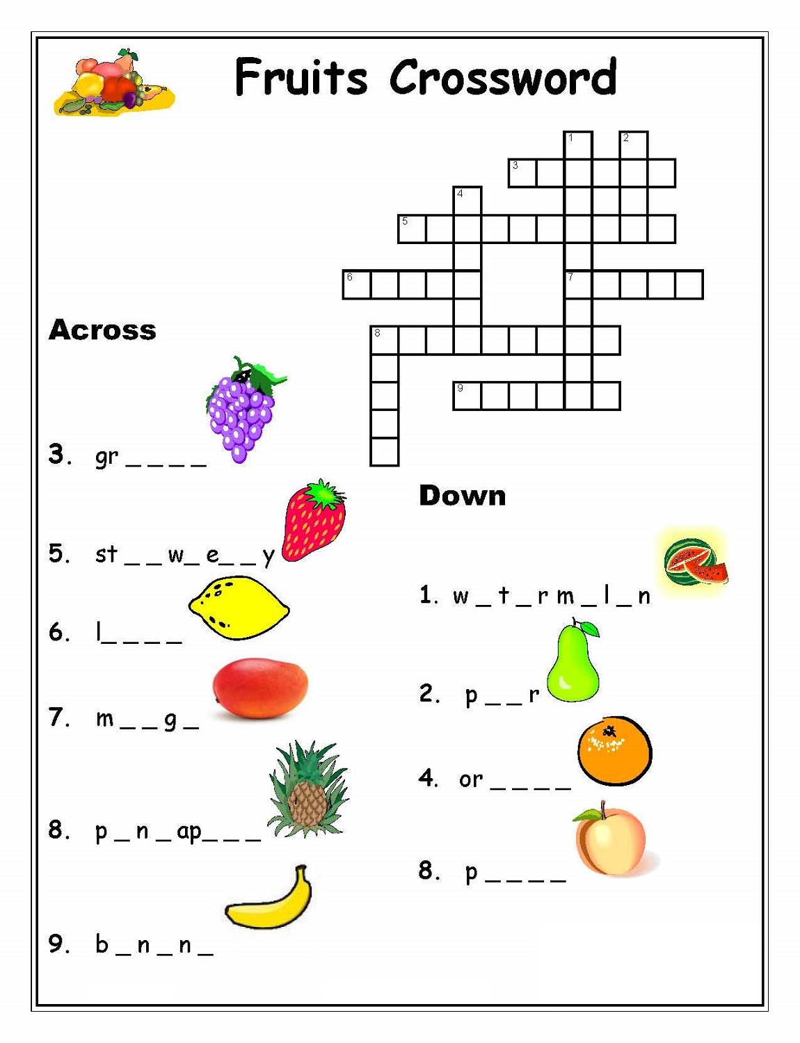 kids crossword puzzles fruit