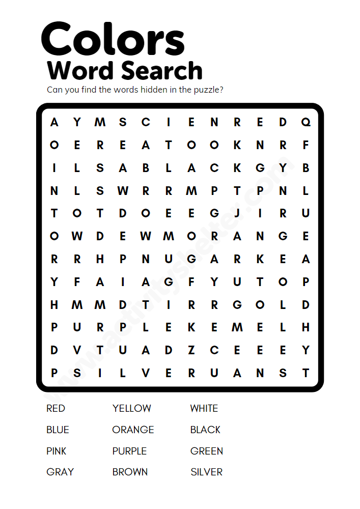 word search puzzles for kids colors