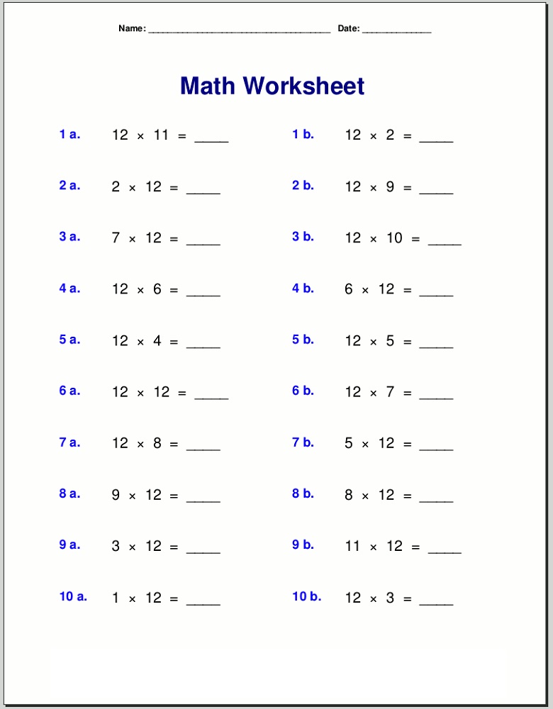 12 times tables worksheet 3rd grade