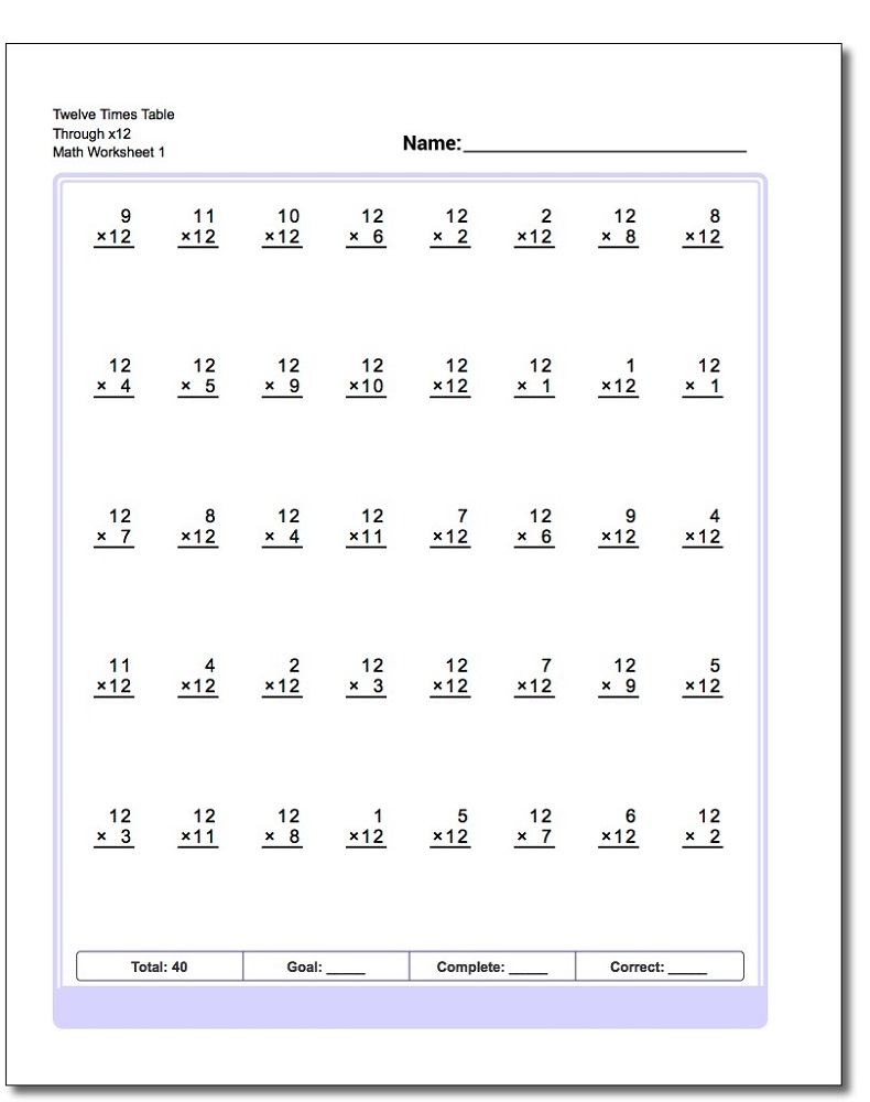 12 times tables worksheet multiplication