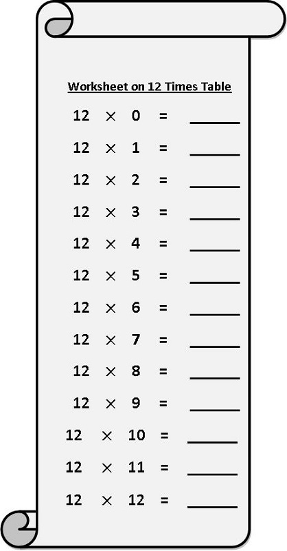 12 times tables worksheet simple