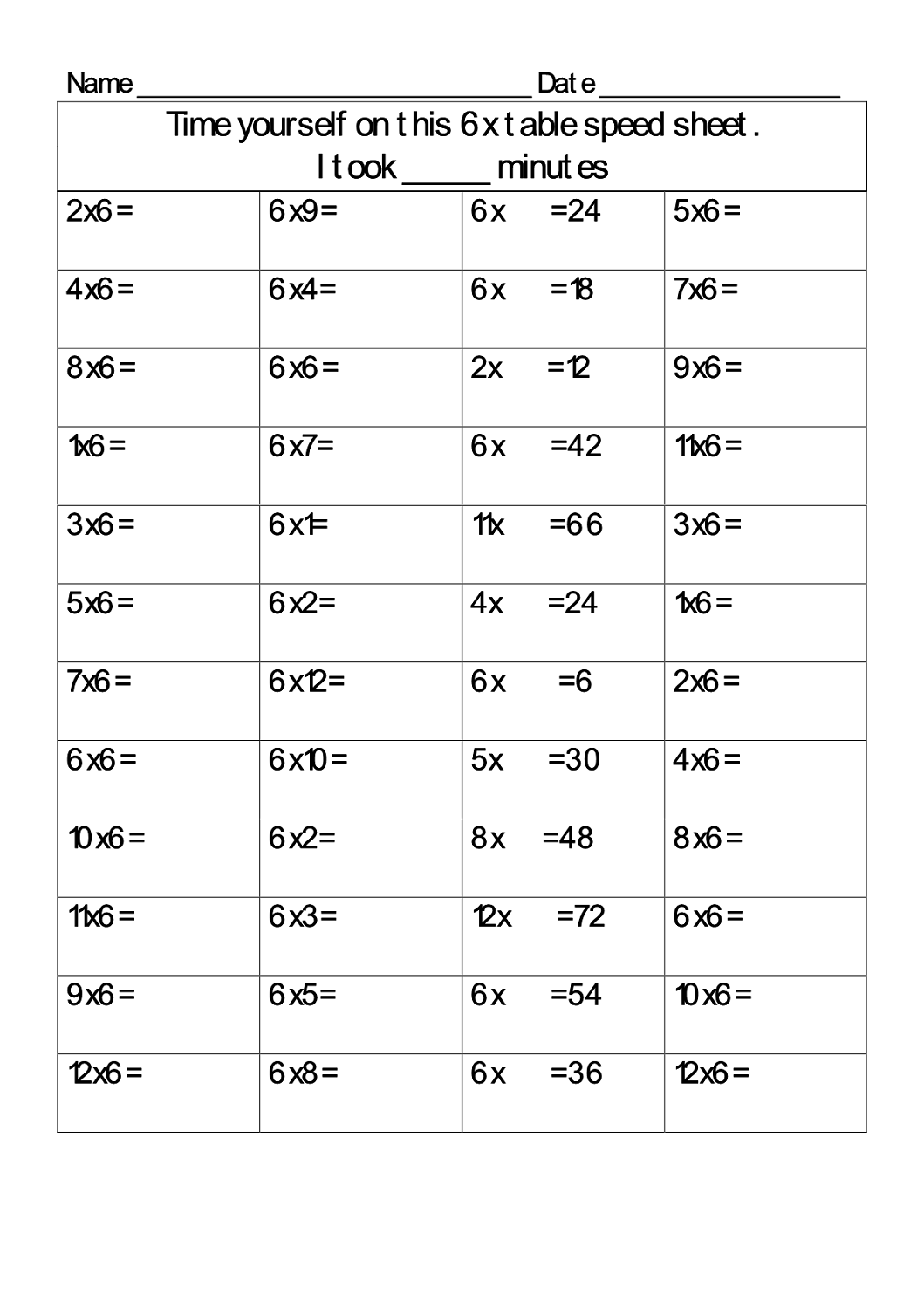 6 times tables worksheets test