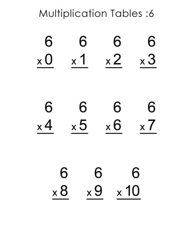 6 times tables worksheets vertical