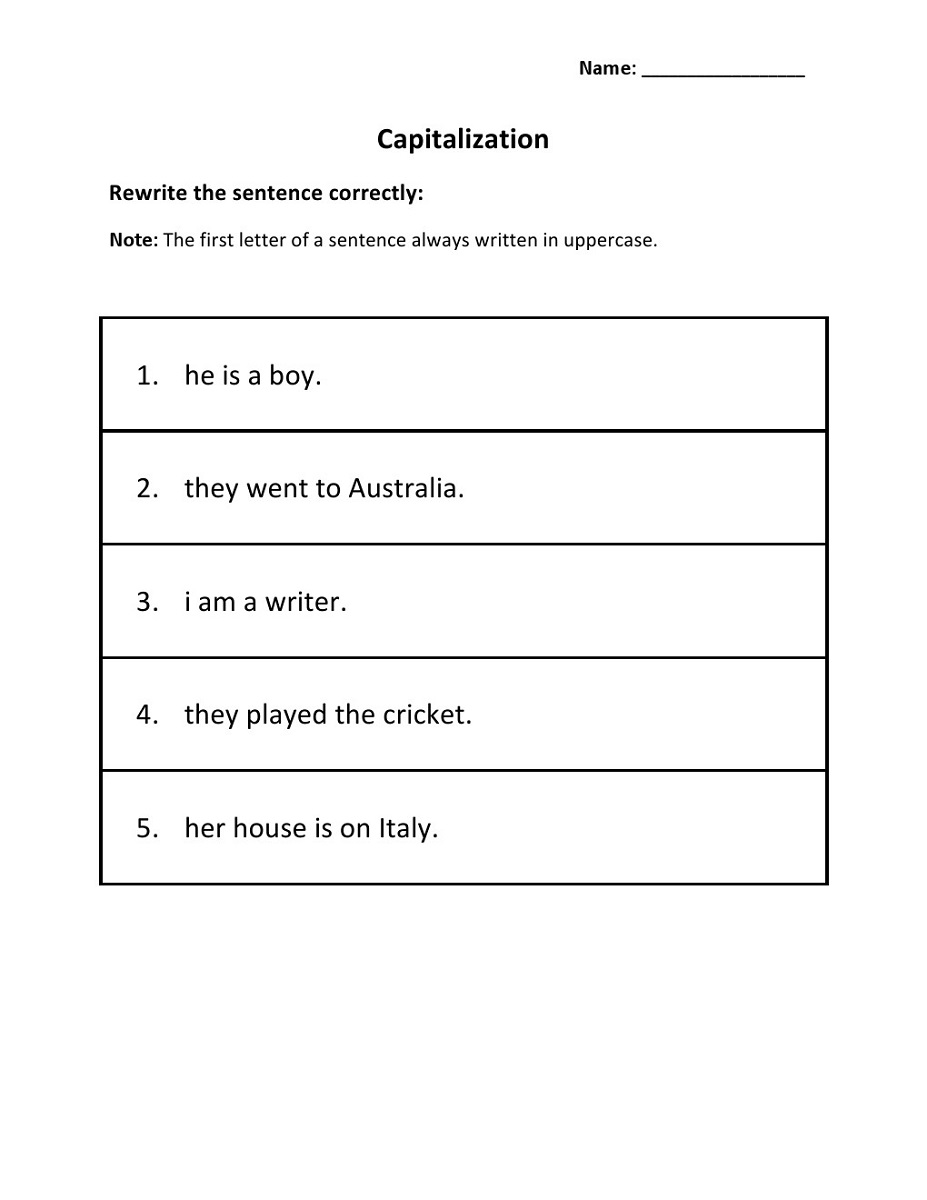 capital letters worksheets sentence