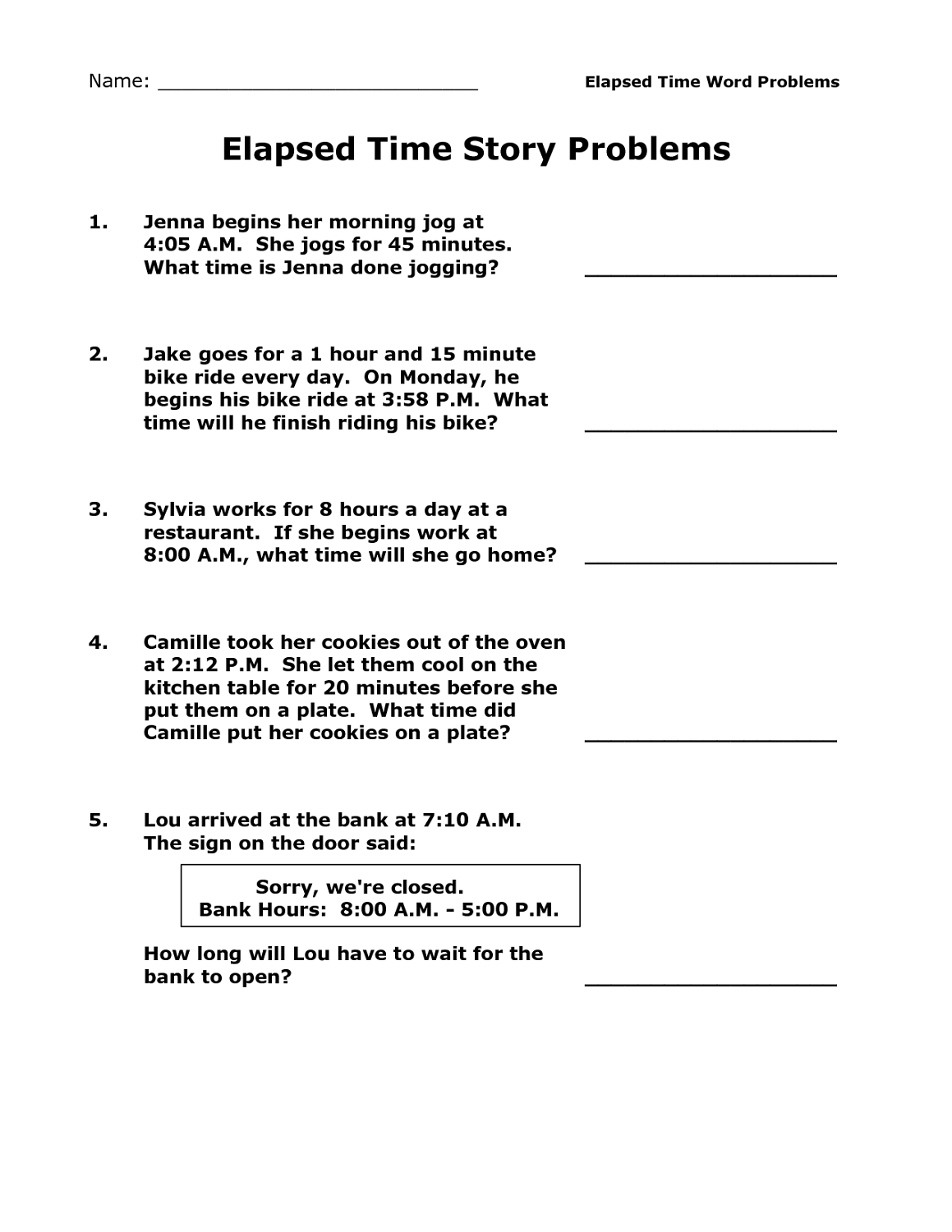 Free Printable Elapsed Time Worksheets 5th Grade