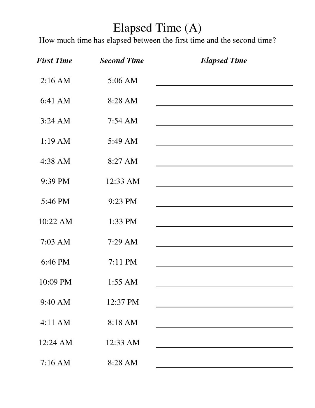 elapsed time worksheets free test